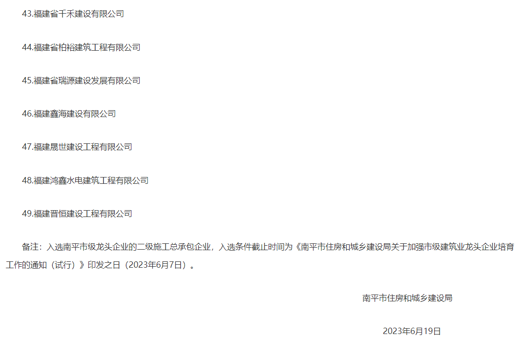 易順建工集團有限公司被評為南平市市級建筑業(yè)龍頭企業(yè)。